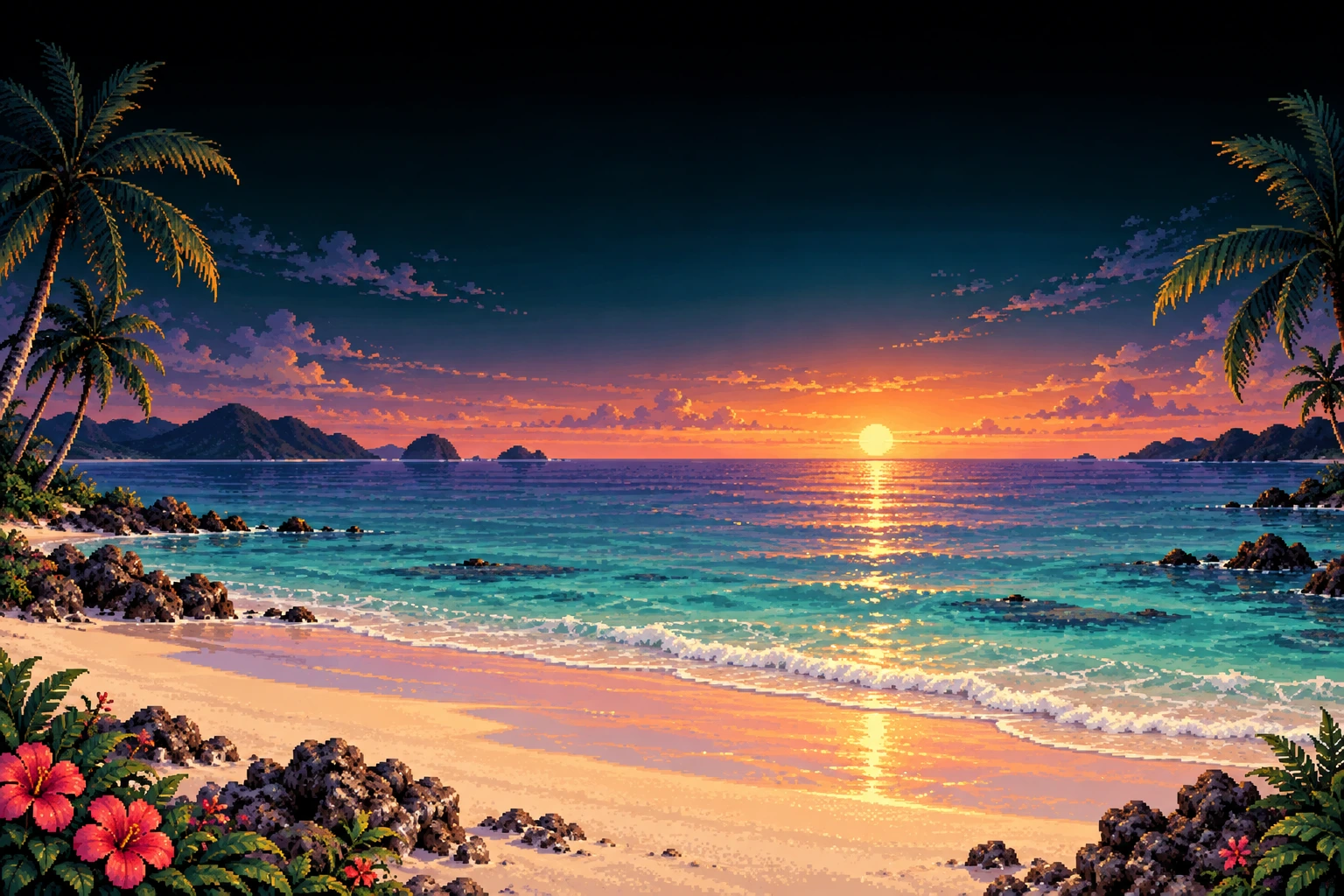 青緑の海とヤシの木、夕暮れの沖縄の浜辺を描いたピクセルアート
