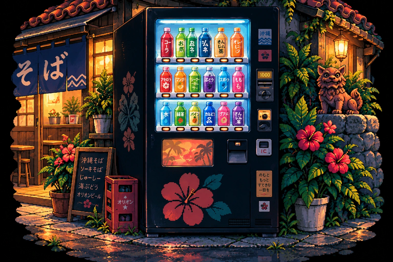 色鮮やかなボトルの自動販売機、そば屋、シーサーを描いたピクセルアート