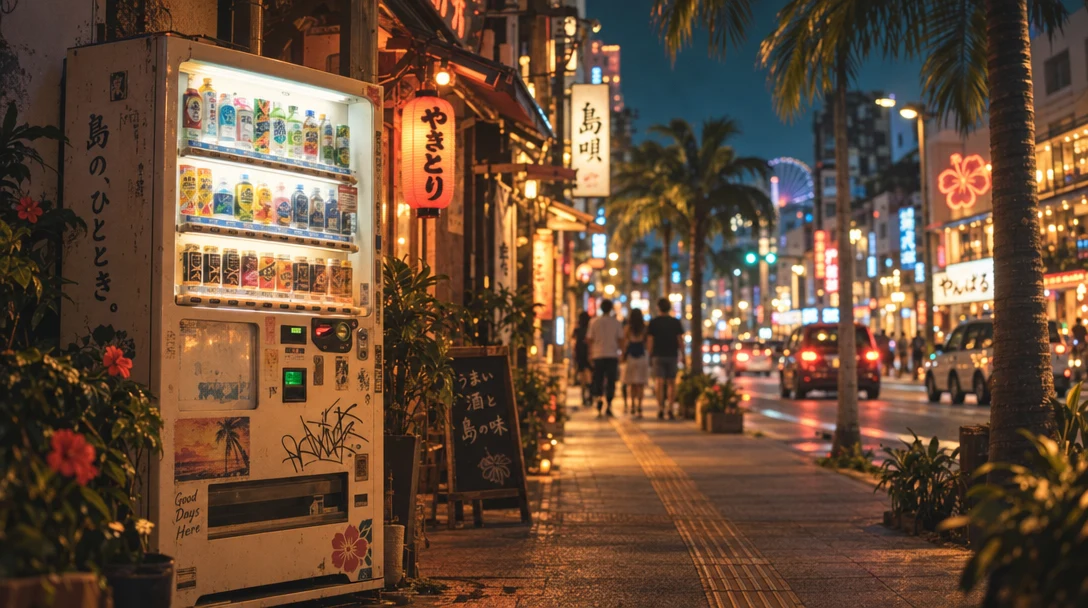 提灯の灯りとヤシの木が彩る沖縄の夜の通り